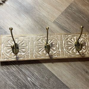 SOLD! Wooden and Metal 3 Gold Hook Wall Mounted Hanger